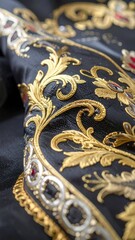 Fototapeta premium Close-up of ornate, black fabric with gold embroidery and metallic accents