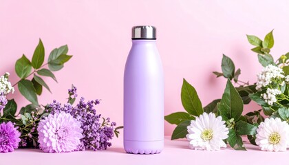 Lilac insulated water bottle surrounded by flowers on pink background