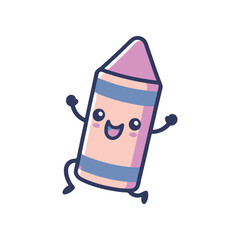 Cheerful cartoon crayon character joyfully running with arms raised in a simple white background