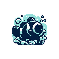 Colorful cartoon fish swimming in bubbles with a playful background of waves