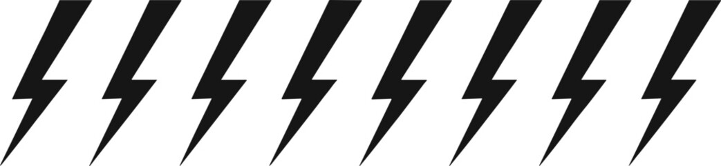 Black lightning bolt vector set, electric energy symbol, stylized thunderbolt icon, minimal power graphic, electricity concept, dynamic force illustration, silhouette design