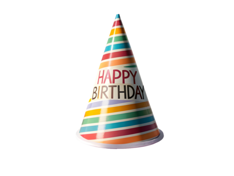 Realistic Colorful Striped Birthday Party Hat with Happy Birthday Text Isolated on a Transparent Background