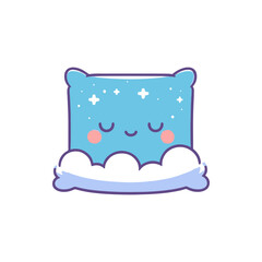 Cute blue pillow with a smiling face, surrounded by fluffy clouds, set against a white background