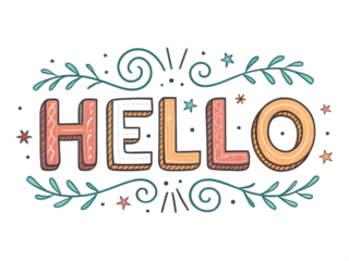 Hand drawn colorful hello text with decorative elements on black background