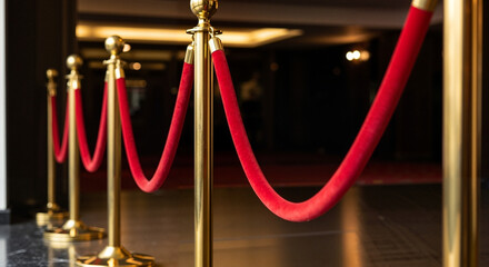 Red velvet ropes with golden posts in elegant indoor setting  
