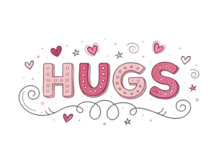 Hand drawn lettering of the word hugs with hearts and decorative elements