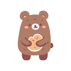 Cute cartoon bear holding a cookie, set against a simple white background, ideal for children's illustrations