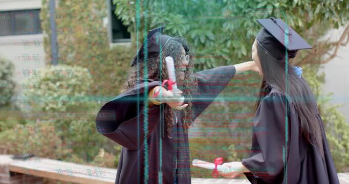 Graduate raising diploma sparking peers swapping diplomas and hugging celebrating graduation