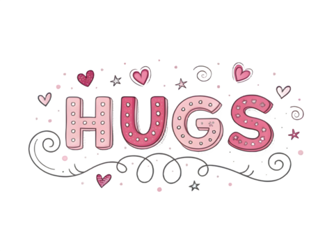 Hand drawn lettering of the word hugs with hearts and decorative elements
