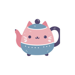 Cute cartoon cat-shaped teapot with pastel colors, sitting against a plain background