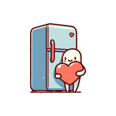 Cute cartoon character holding a heart in front of a refrigerator, symbolizing love for food