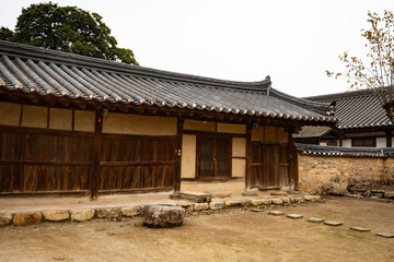 Ethnical hanok village with traditional house details outside the house in Gyeongju ancient capital of South Korea