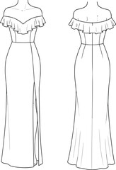 Off shoulder evening dress with ruffle neckline, front slit, elegant silhouette, fashion cad sketch, vector flat technical drawing
