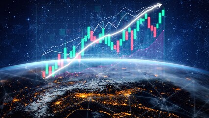 A futuristic representation of a stock market chart overlaying a view of Earth at night, showcasing city lights and data connections in a cosmic setting. Copula