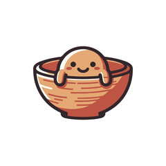Cute cartoon character peeking out from a wooden bowl, showcasing joy and playfulness