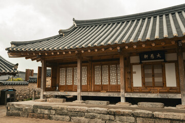 Ethnical hanok village with traditional house details outside the house in Gyeongju ancient capital of South Korea