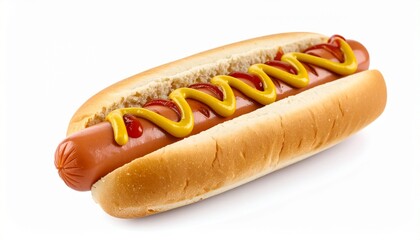 Hot dog with mustard and ketchup in bun on white background.