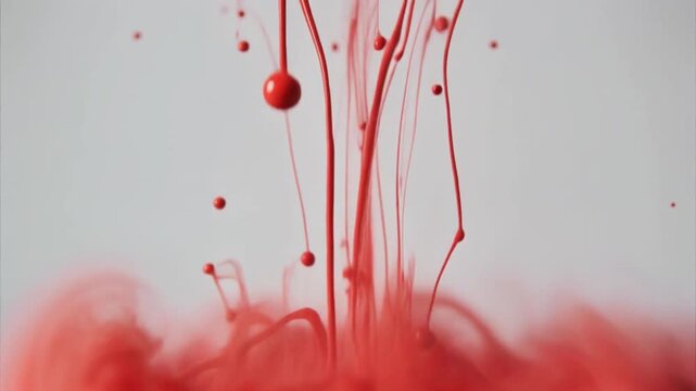 hiperrealista de un fondo completamente blanco, con pintura roja cayendo desde la parte superior. La pintura se desliza en gotas y chorros, creando salpicaduras y efectos de fluido realistas