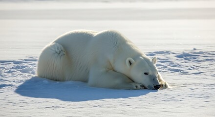 Naklejka premium A large white polar bear lies down to rest on a vast, sunlit expanse of snow and ice in the Arctic.