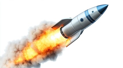 Fototapeta premium Rocket launch with smoke and flames on a white background symbolizing success and innovation