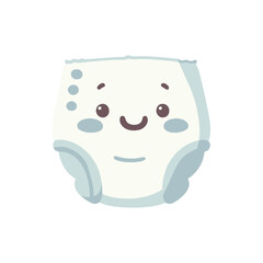 Cute cartoon diaper with a smiling face, designed for baby care, on a plain background