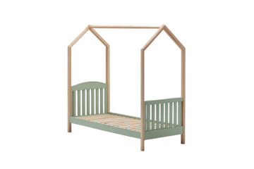 Childrens wooden house bed frame, green, isolated on transparent background