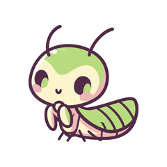 Cute cartoon grasshopper character with oversized head and smiling expression, set against a simple white background