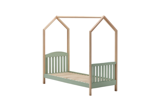 Childrens wooden house bed frame, green, isolated on transparent background