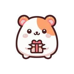 Cute cartoon hamster holding a gift box, celebrating a joyful occasion in a bright background
