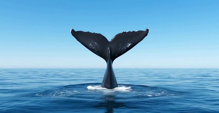 Majestic whale fluke surfaces from blue ocean water under clear sky