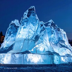 Massive ice sculpture, illuminated at night