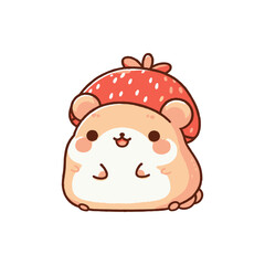 Cute cartoon hamster wearing a strawberry hat, sitting happily in a simple background