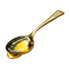 Golden spoon filled with amber liquid, drips slightly