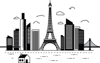 Black and white illustration of a city skyline featuring the Eiffel Tower.