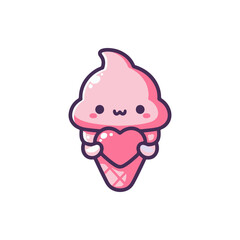 Cute cartoon ice cream cone character holding a heart, symbolizing love and joy in a playful design