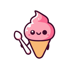 Cute cartoon ice cream cone character holding a spoon, bright colors, cheerful expression, fun background