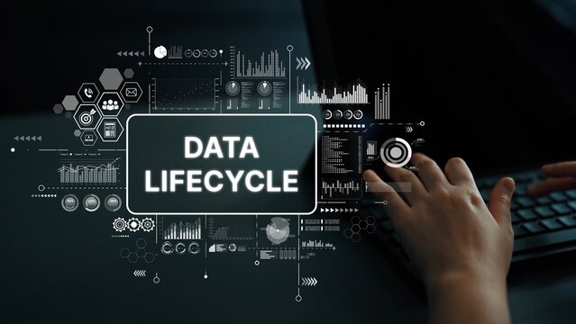 Data Lifecycle Concept with Digital Graphics and Hands Typing on Keyboard in Office Setting. Asymptotic smart data analytic.
