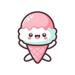 Cute cartoon ice cream cone character with a smiling face, pastel colors, and joyful expression