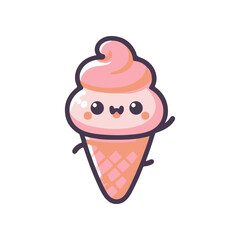 Cute cartoon ice cream cone character with a smiling face and pink swirl topping, isolated on white
