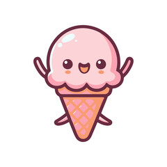Cute cartoon ice cream cone character with a smiling face, set against a simple white background (1)