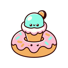 Cute cartoon ice cream cone sitting atop a pink frosted donut, playful and cheerful design