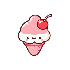 Cute cartoon ice cream cone with a cherry on top, set against a simple white background