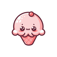 Cute cartoon ice cream cone with a cherry on top, smiling face, bright colors, and simple background