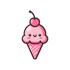 Cute cartoon ice cream cone with a cherry on top, smiling, against a simple white background