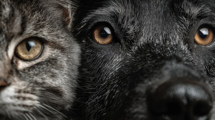 Close-up of cat and dog faces with intense expressions, eyes of pet