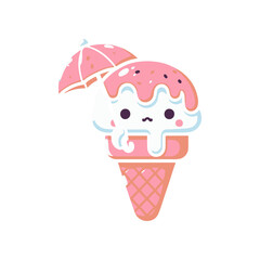 Cute cartoon ice cream cone with a pink umbrella, melting slightly, set against a simple white background