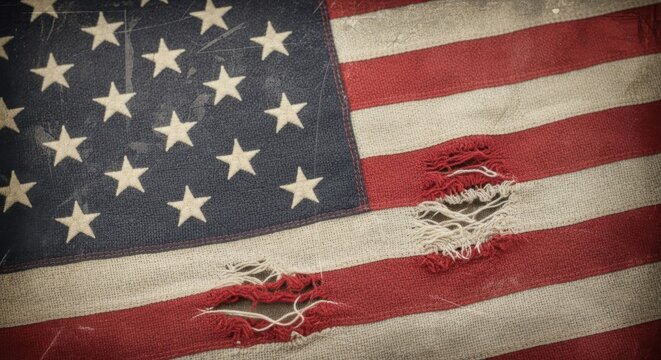 A weathered and tattered American flag, symbolizing resilience and enduring spirit through adversity and struggle