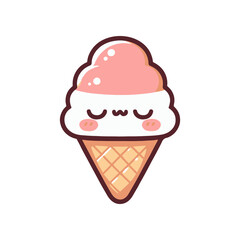 Cute cartoon ice cream cone with a smiling face, pink and white scoop, isolated on white background