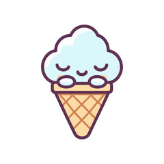 Cute cartoon ice cream cone with a smiling face, set against a plain background, ideal for children's themes