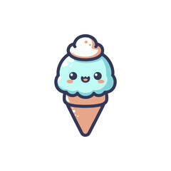 Cute cartoon ice cream cone with a smiling face, set against a plain white background